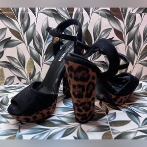 Fashion Nova Leopard Block Heel Platform Sandals Size 8.5 | Black Ankle Strap